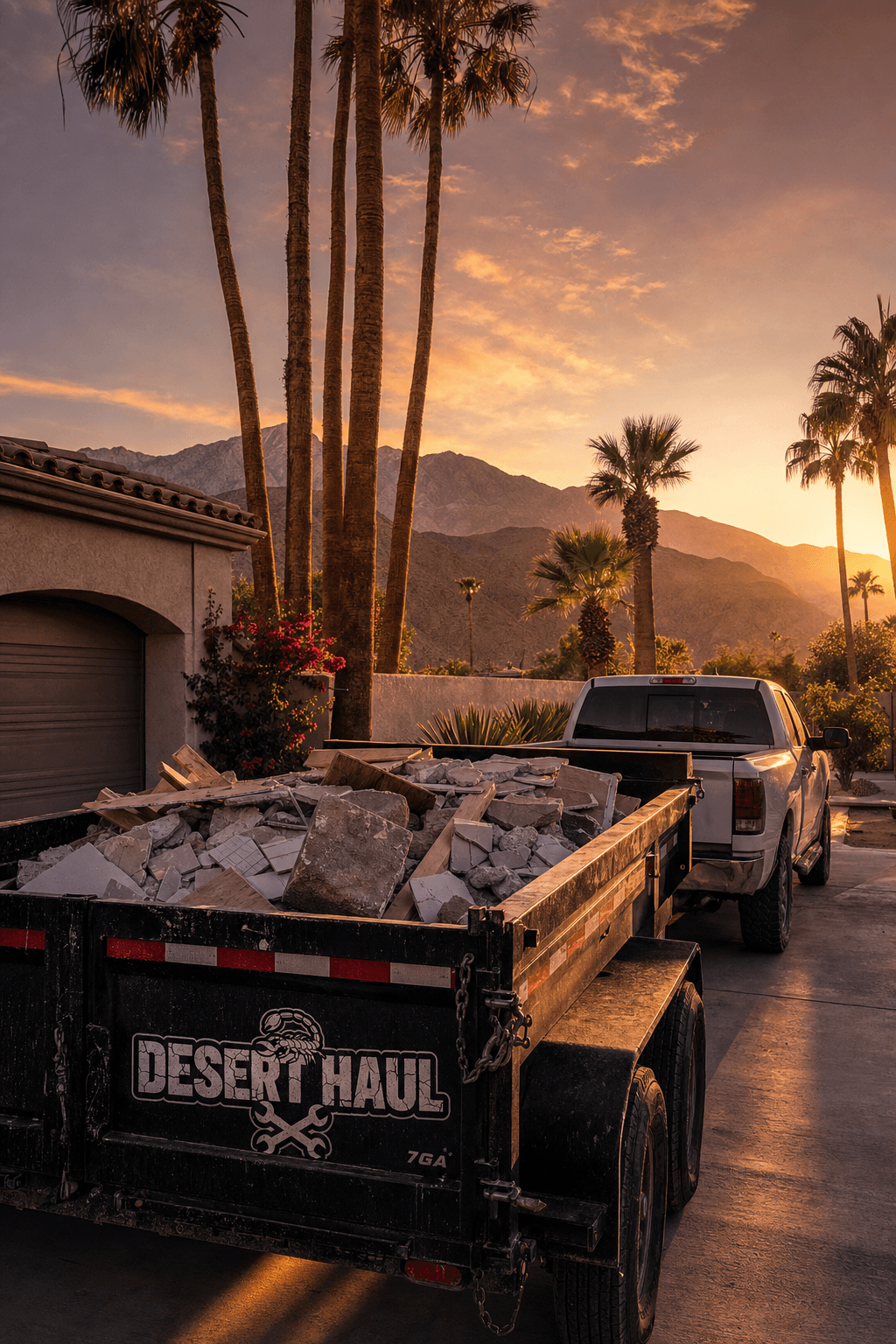 Loaded demo and haul trailer at golden hour in Palm Desert with palm trees and mountains in the background.