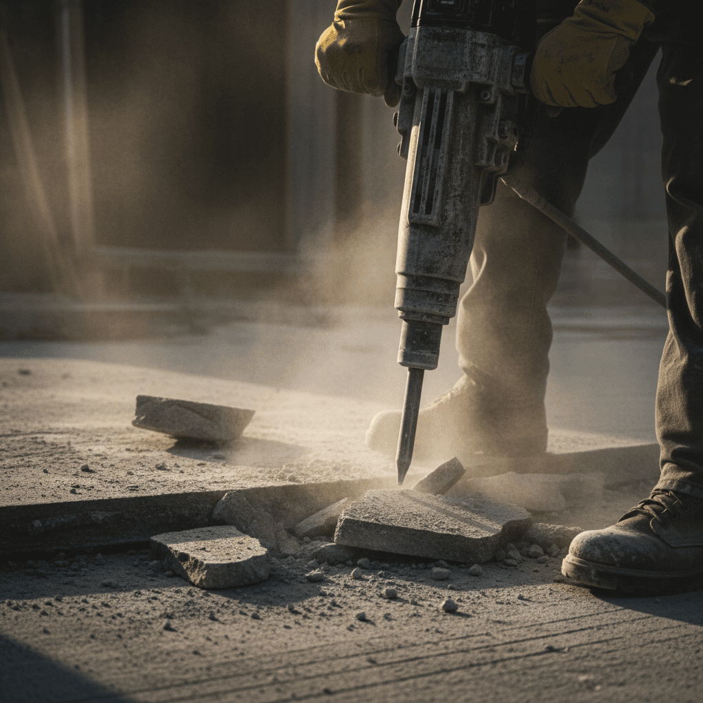 Jackhammer breaking up a concrete slab for removal