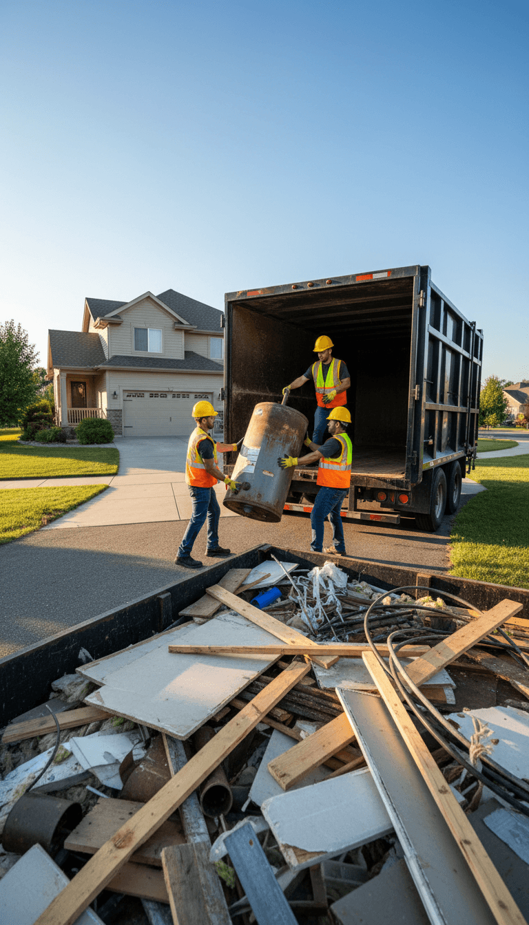 Workers loading a dump trailer with debris