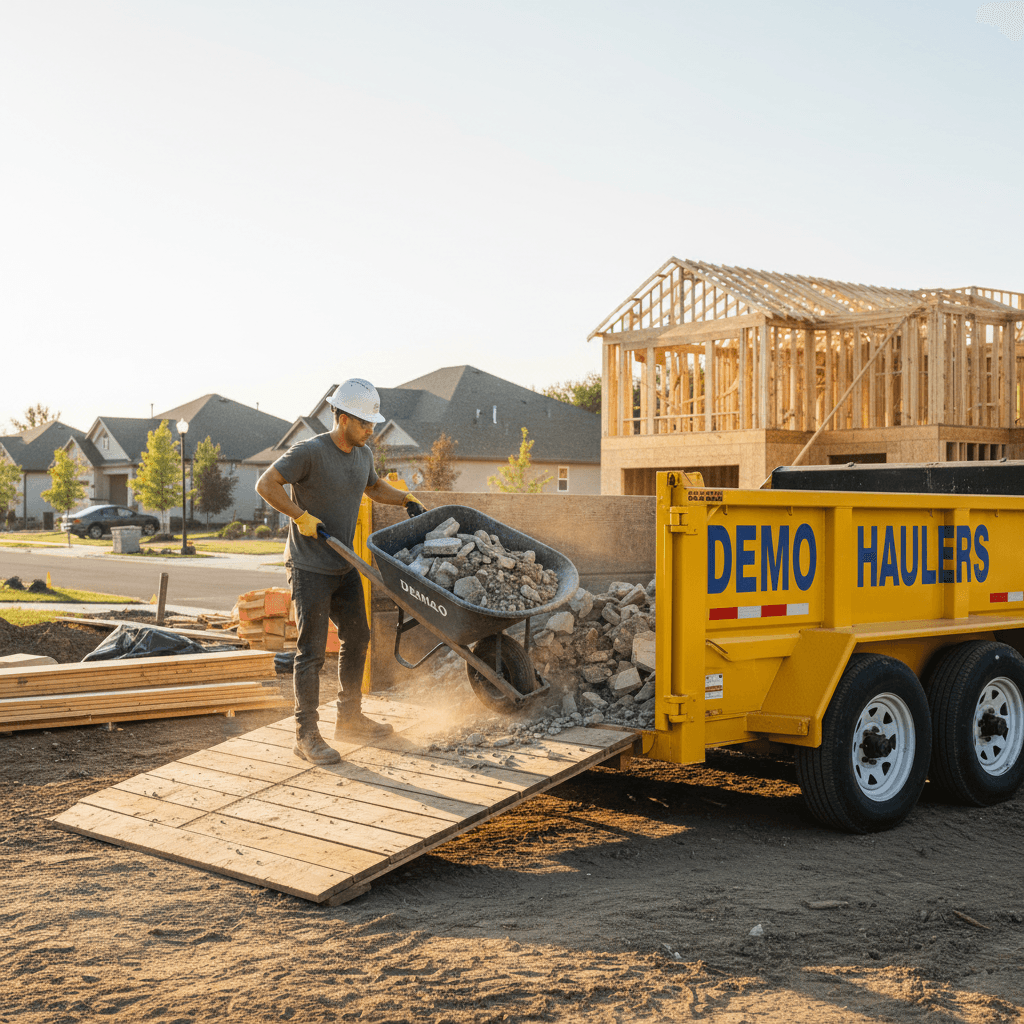 Worker loading construction debris into a dump trailer