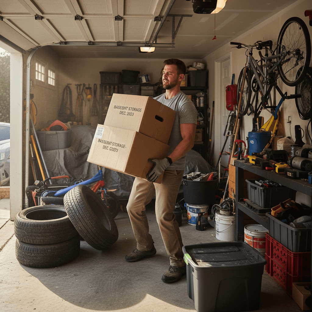 Worker carrying stacked cardboard boxes out of full garage