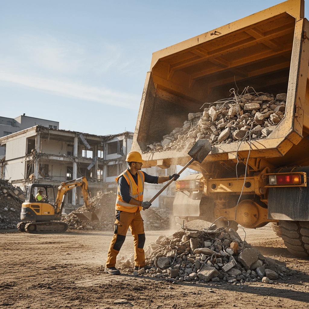 Worker loading demolition debris into a dump trailer