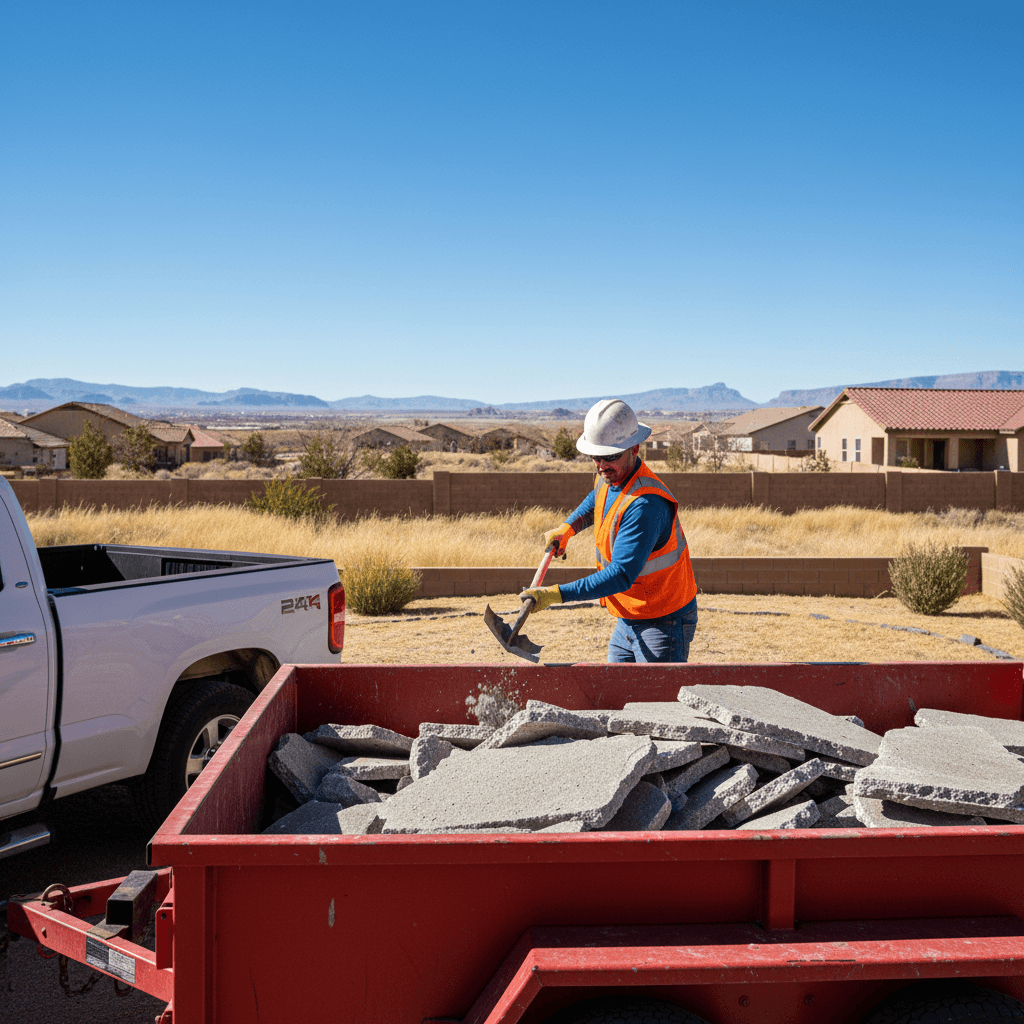Worker shoveling broken concrete into a dump trailer