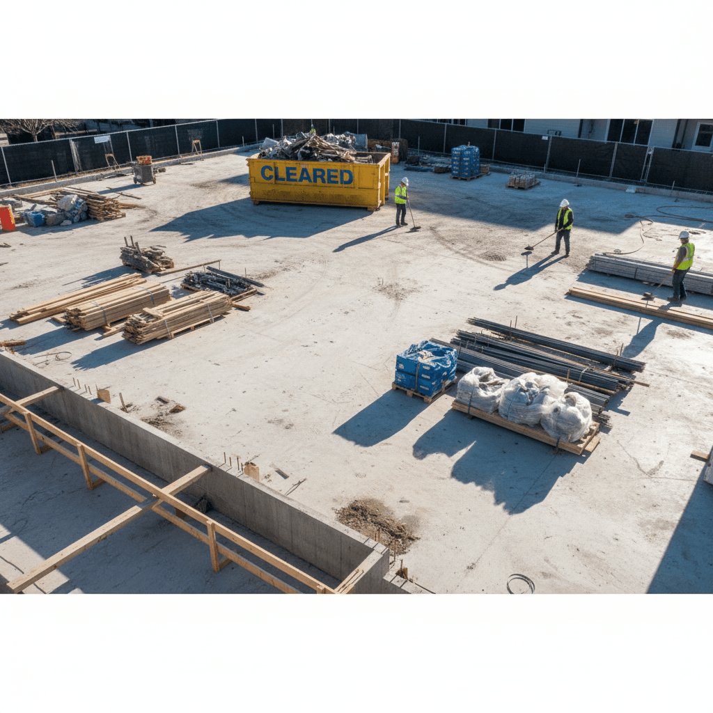 Tidy construction jobsite after debris removal with a cleared work area