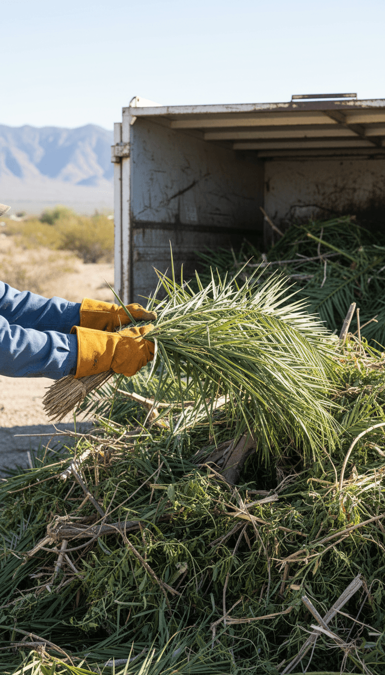 Gloved hands loading a palm frond into a dump trailer