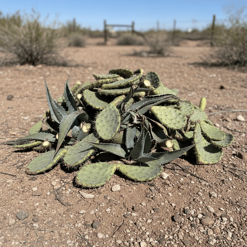 Cut cactus and agave plants piled in a yard