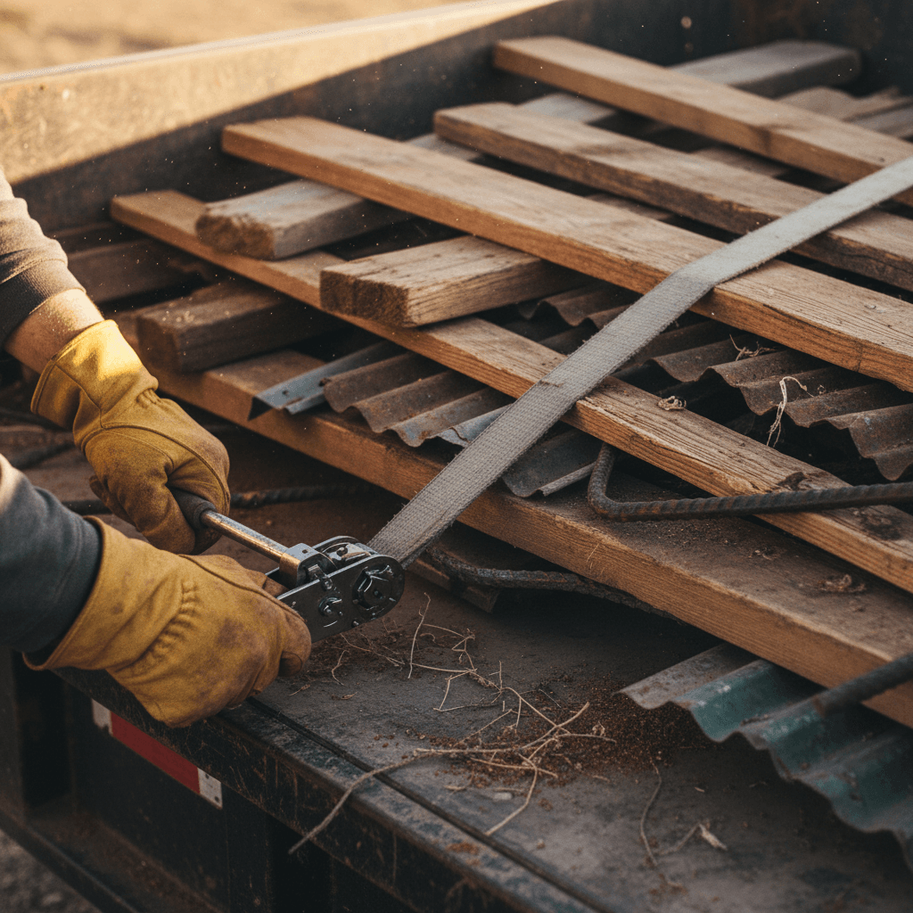 Worker securing debris in a dump trailer