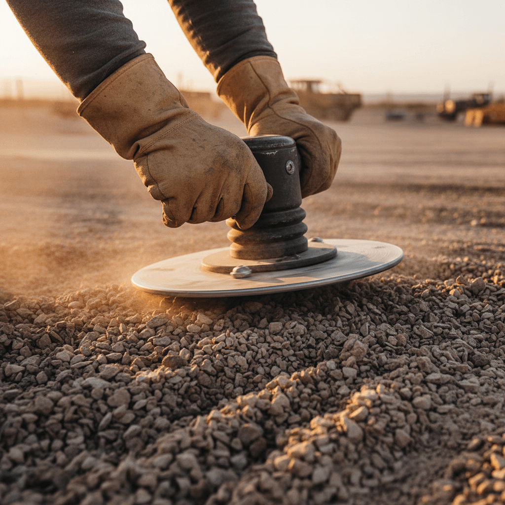 Worker compacting gravel base for a paver installation
