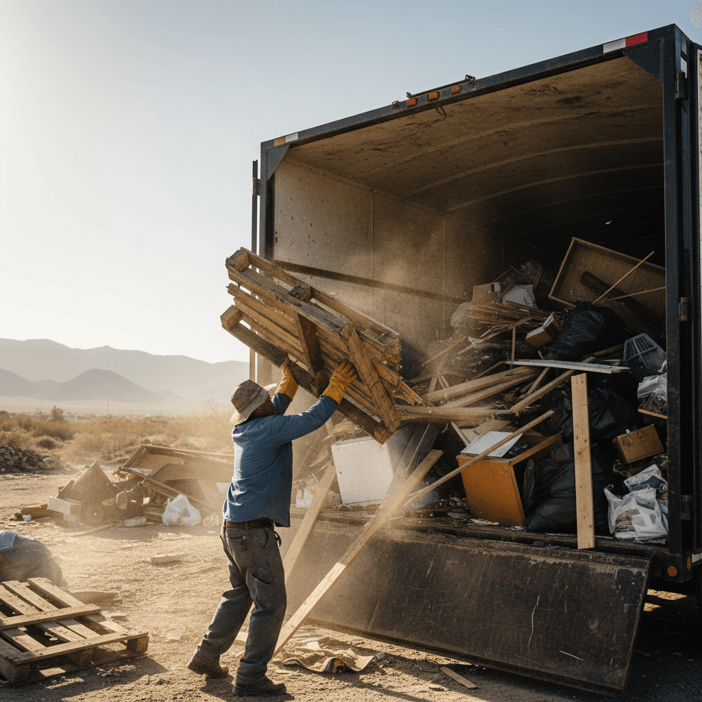 Worker tossing scrap wood into a dump trailer