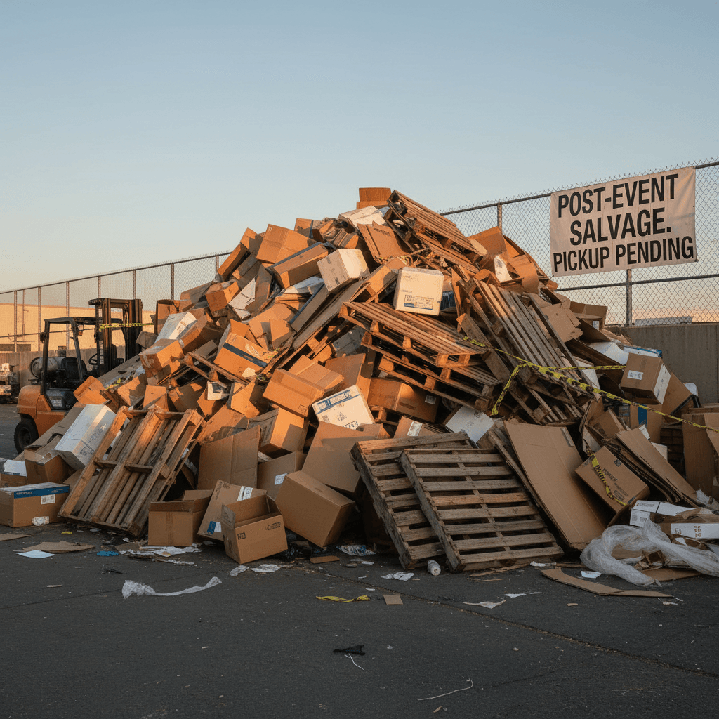 Pile of cardboard and pallets after an event