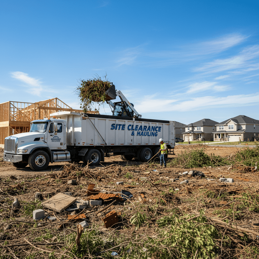 Workers loading brush and debris onto a truck during a property cleanup