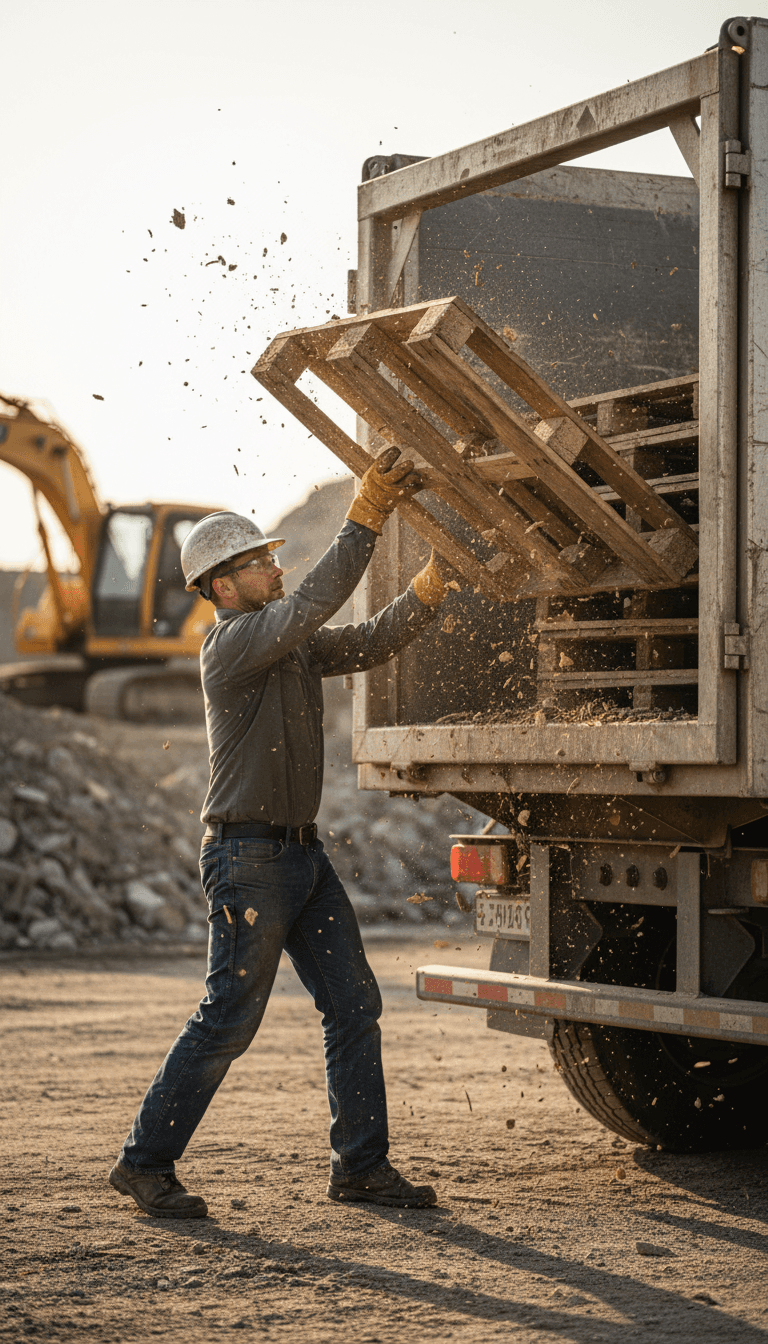 Worker tossing a wooden pallet into a dump trailer