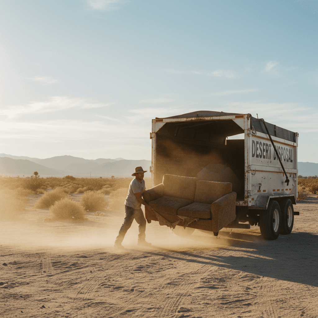 Worker lifting an old sofa onto a dump trailer