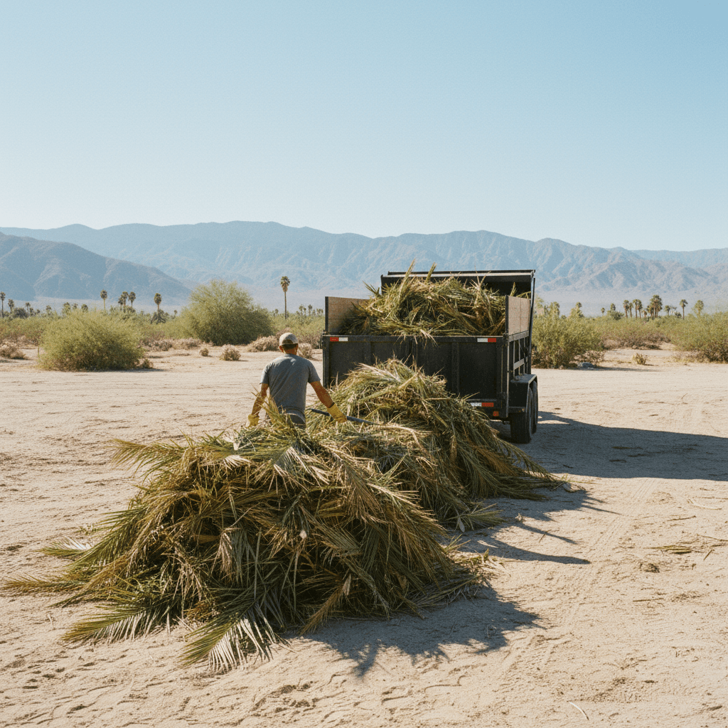 Worker hauling cut palm fronds to a dump trailer
