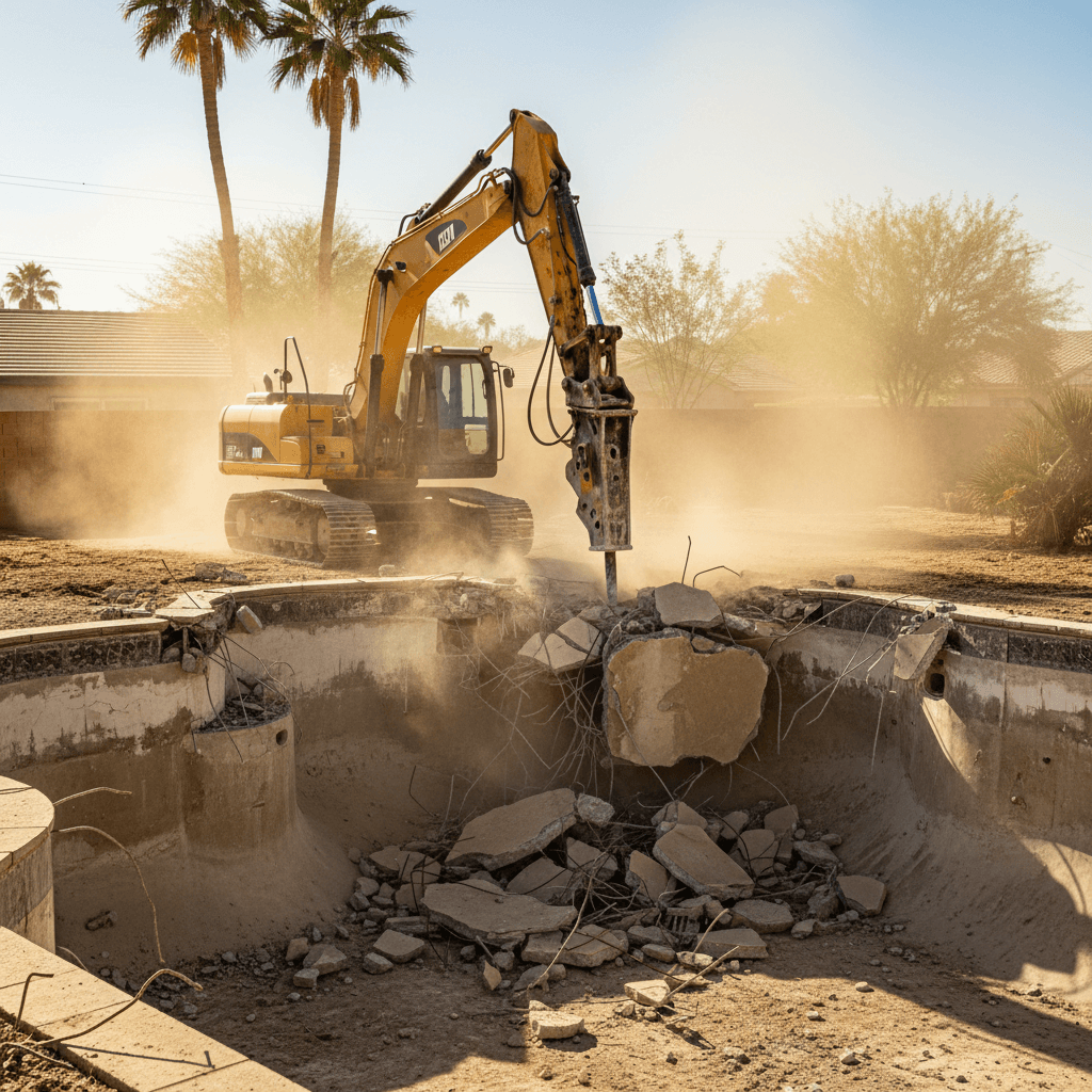 Excavator breaking up a concrete pool shell in a backyard