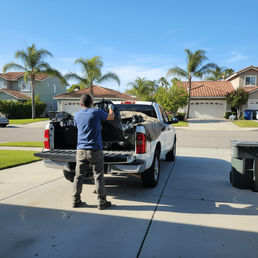 Loading weekly trash bags into a truck bed