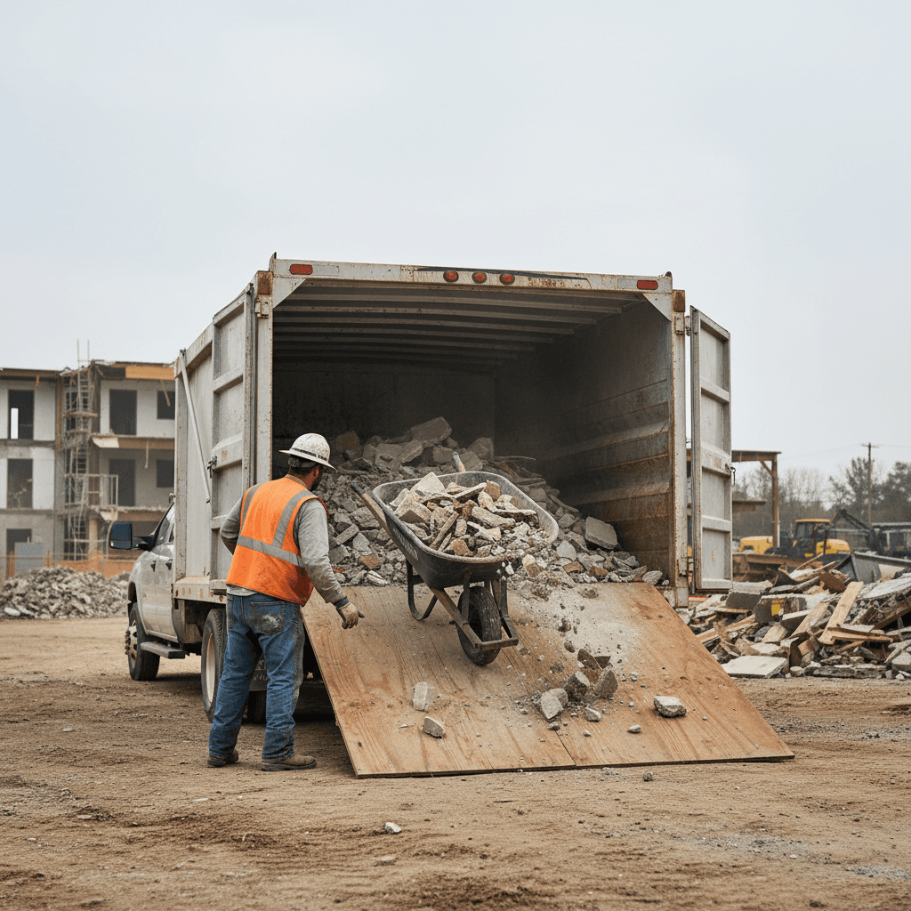 Worker loading construction debris into a dump trailer