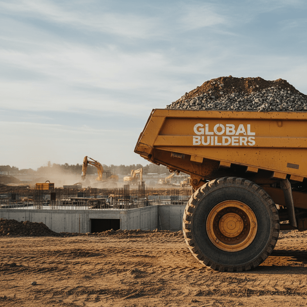 Dump truck loaded with dirt and gravel at a construction site