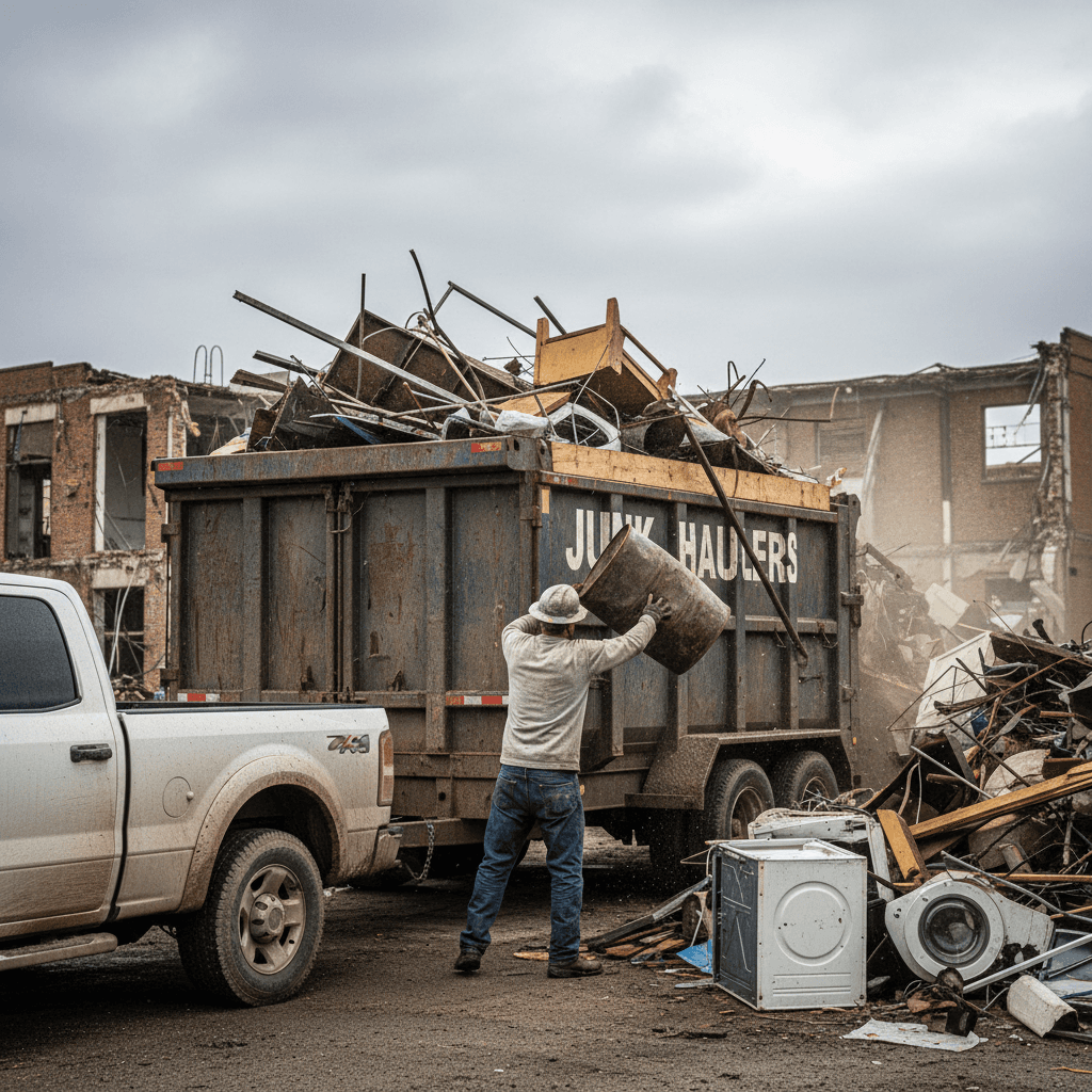Worker loading junk into a dump trailer