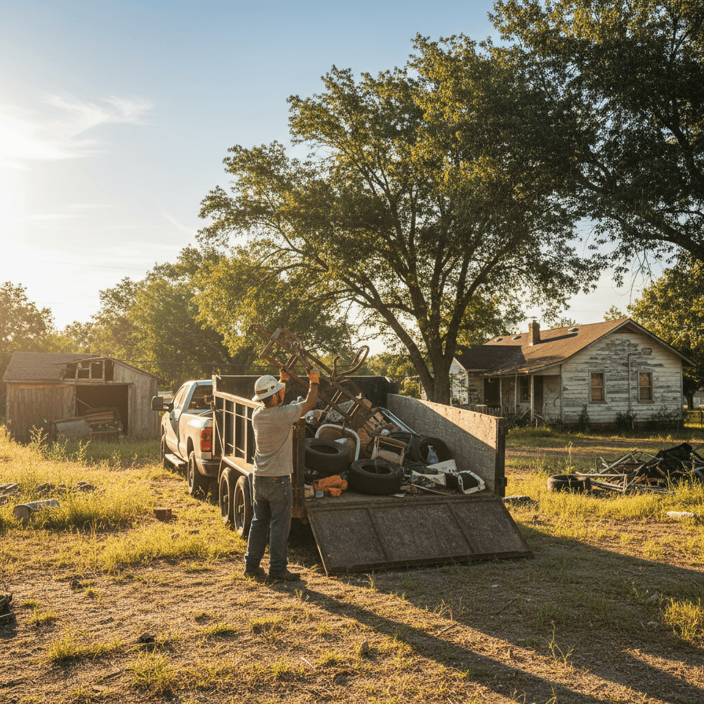 Worker loading junk into a dump trailer