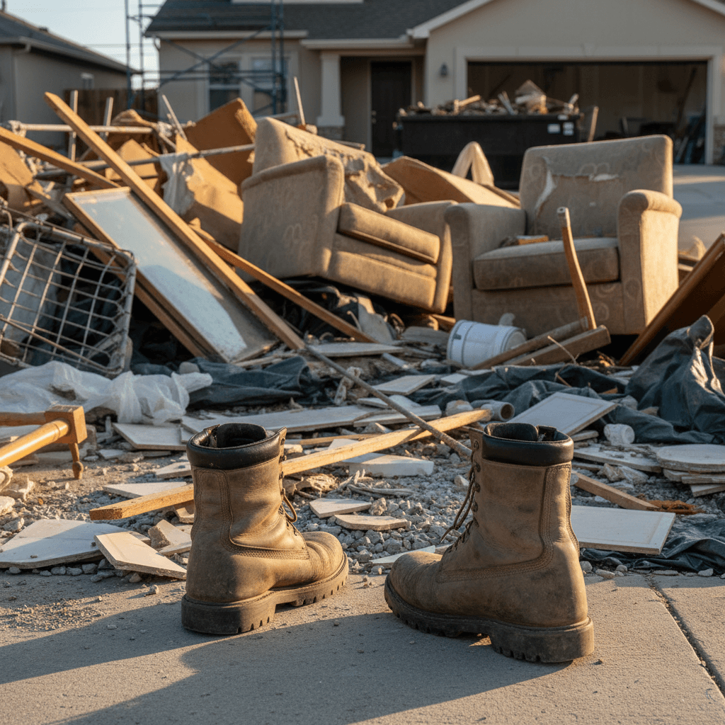 Workboots stepping onto a driveway covered with construction debris and old furniture