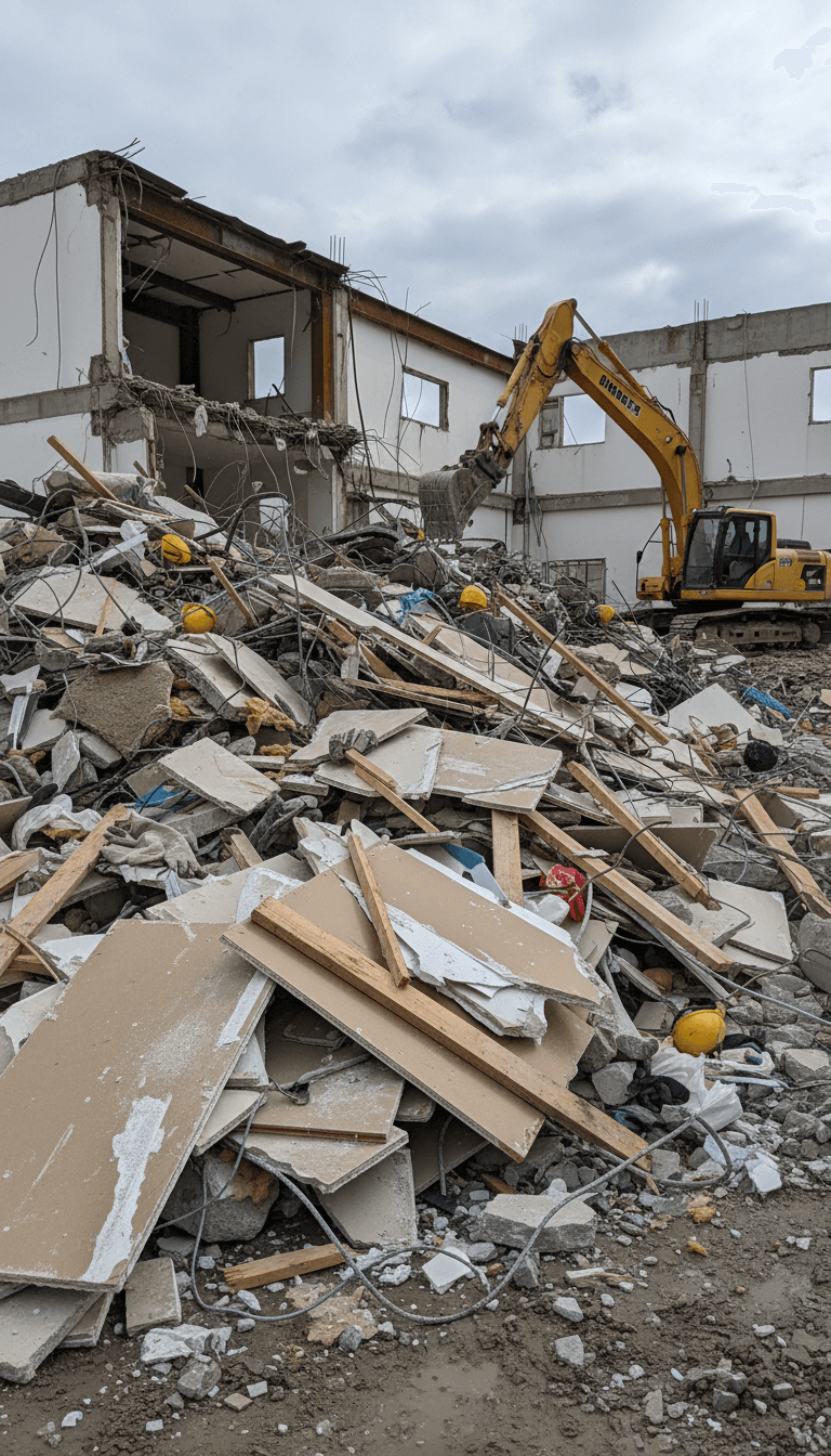 Pile of drywall, lumber, and demolition debris at a construction site