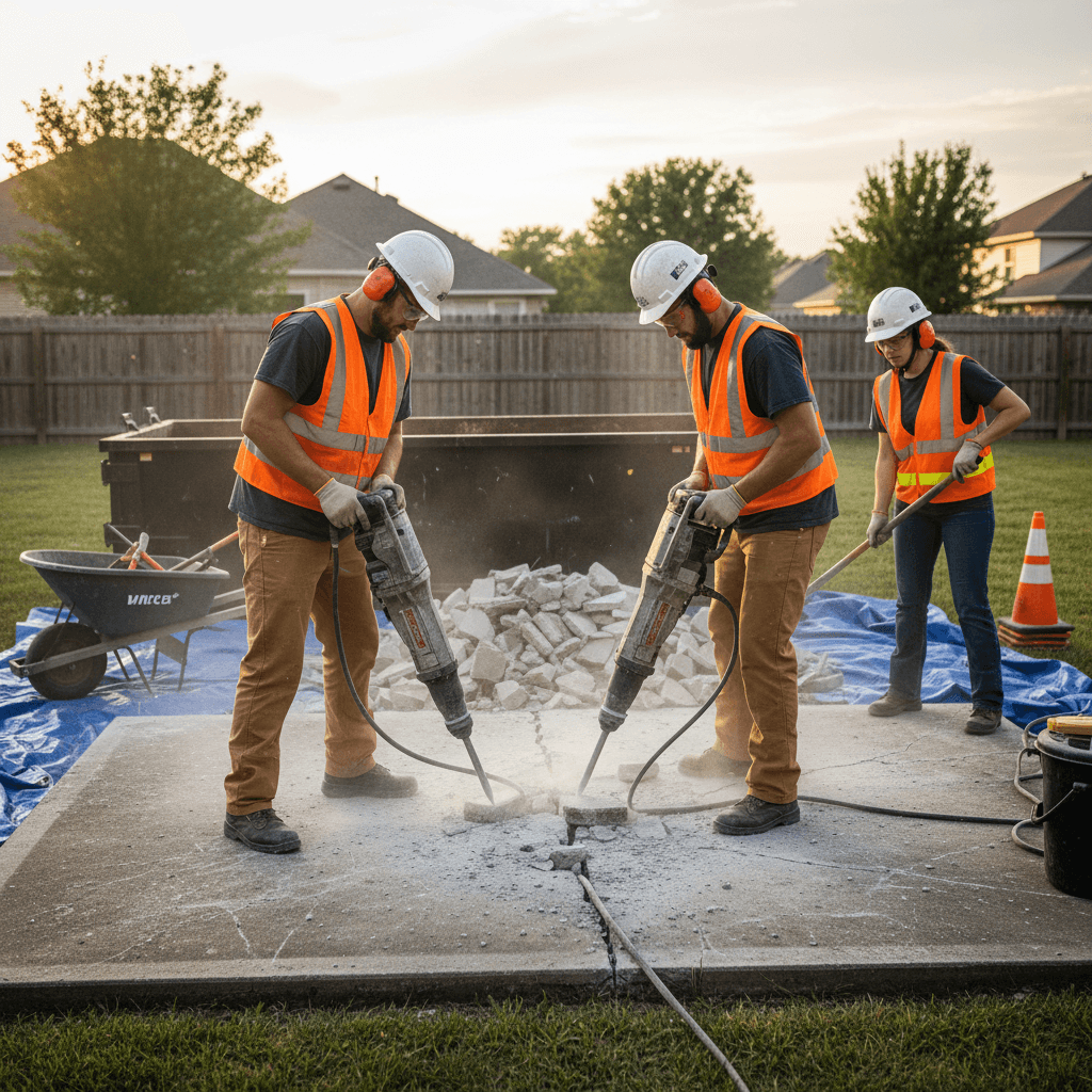 Construction crew breaking up a concrete patio slab with a jackhammer