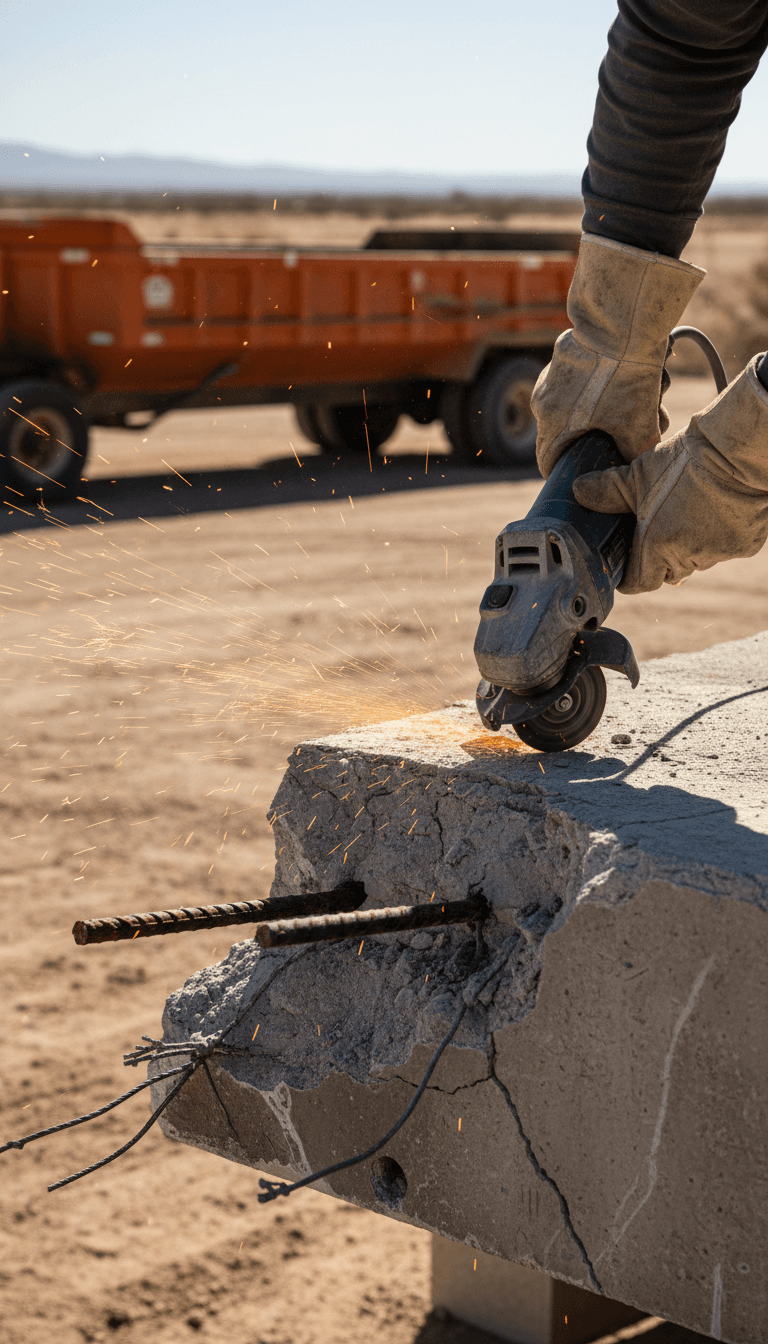 Worker cutting rebar during pool demolition