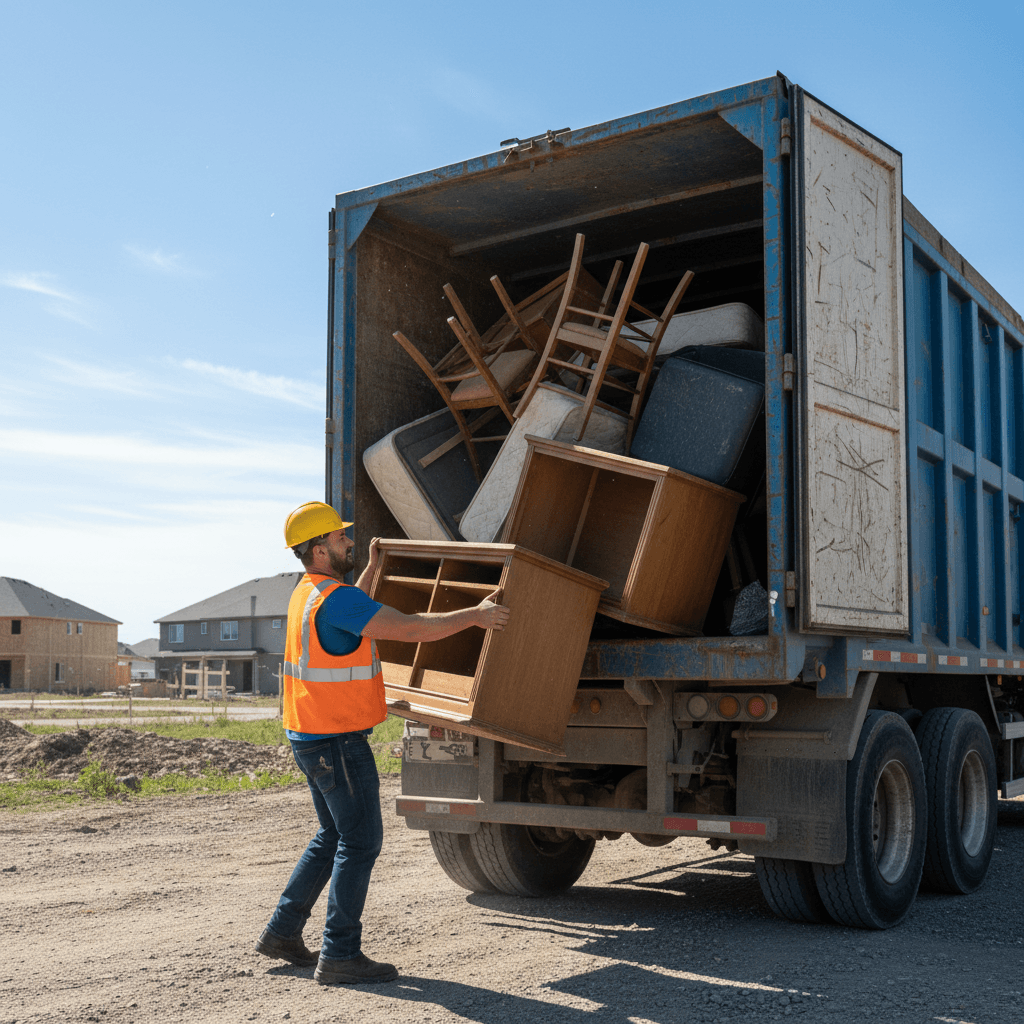 Worker loading furniture into a dump trailer