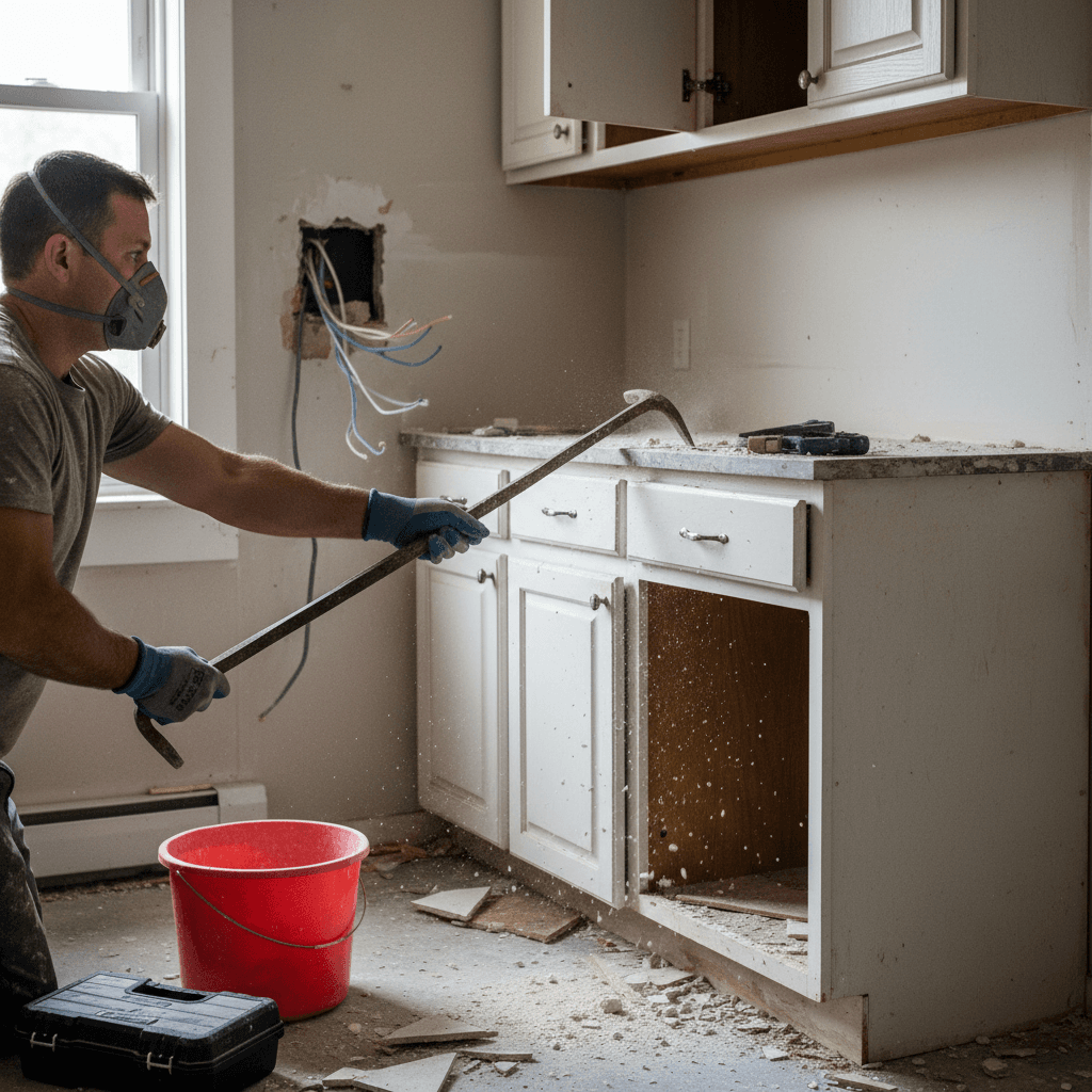 Worker removing a kitchen cabinet during a renovation tear-out