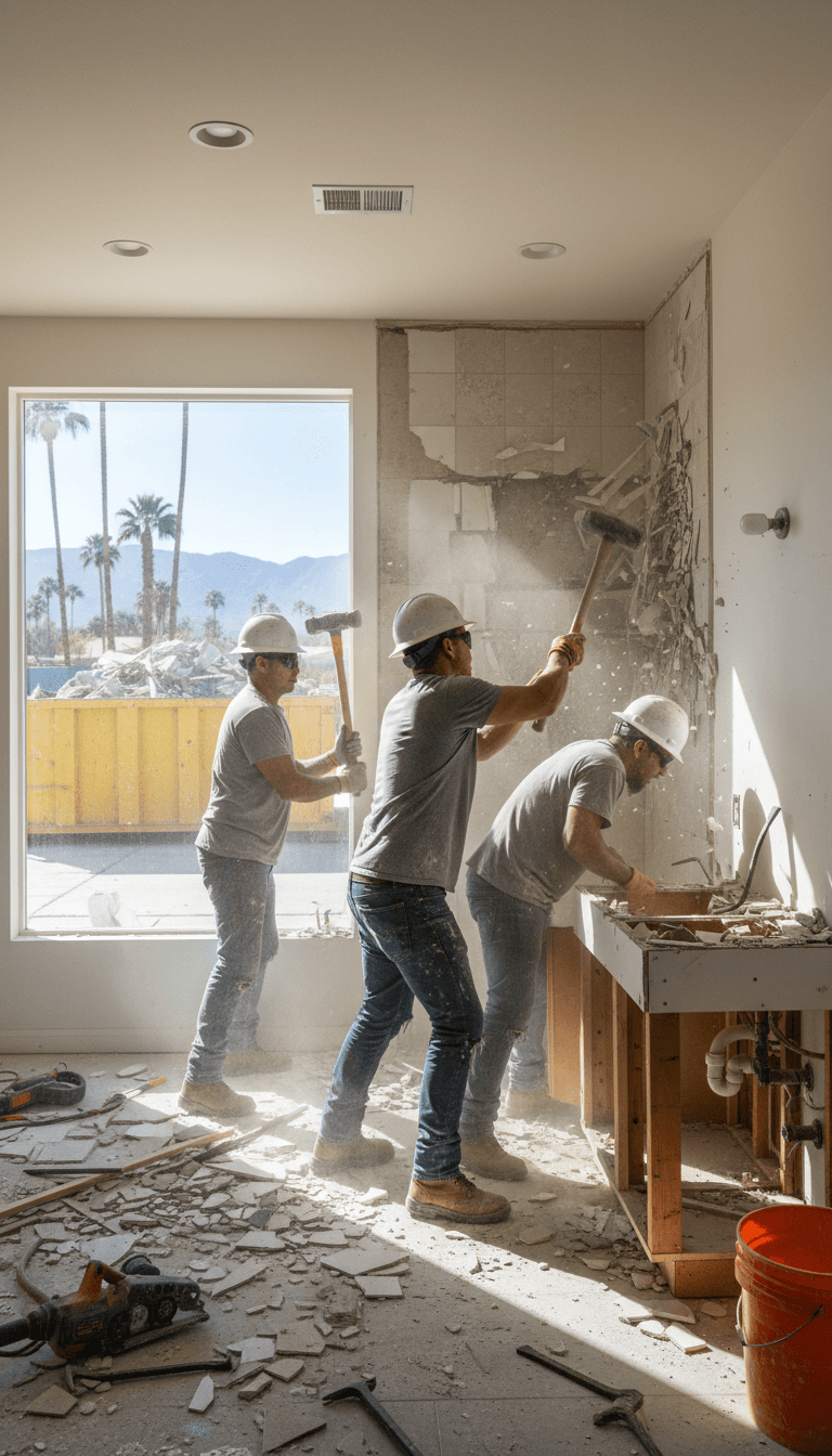 Demolition crew tearing out a bathroom in a Palm Desert home