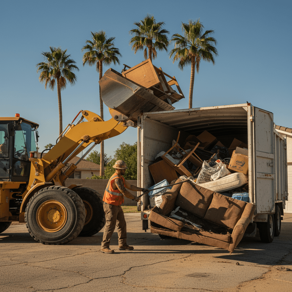 Loader fills dump trailer with household junk and debris