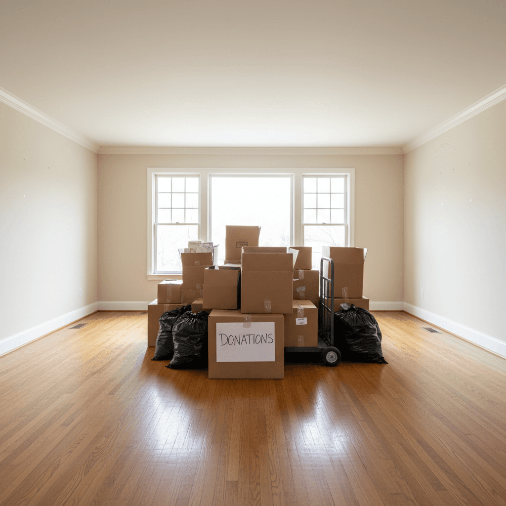 Living room cleared out with boxes staged for removal