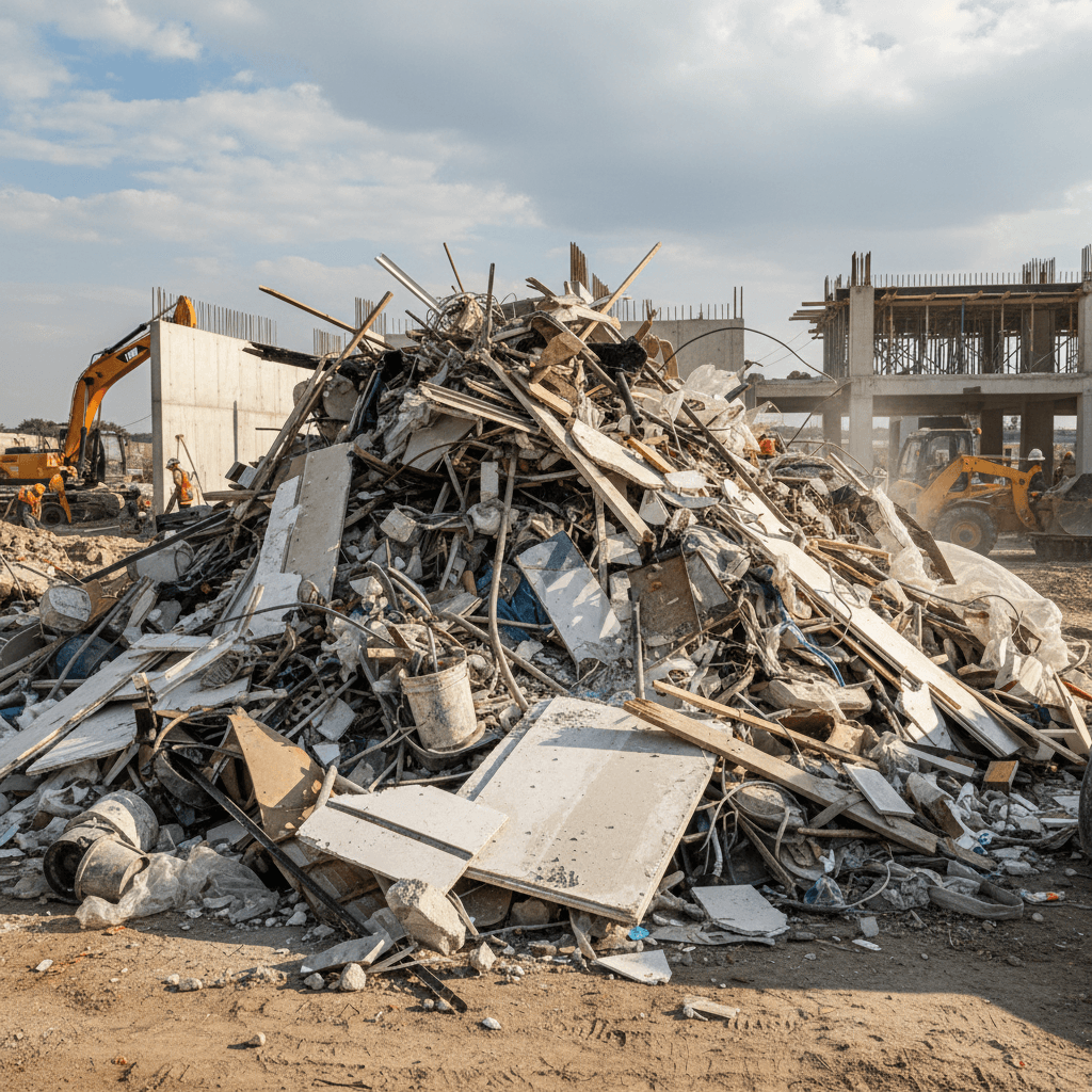 Pile of construction waste with lumber, drywall, and scrap materials on a jobsite