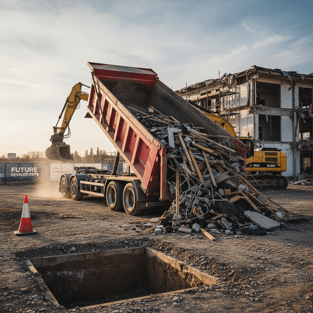 Dump trailer loaded with construction debris and rubble at a jobsite