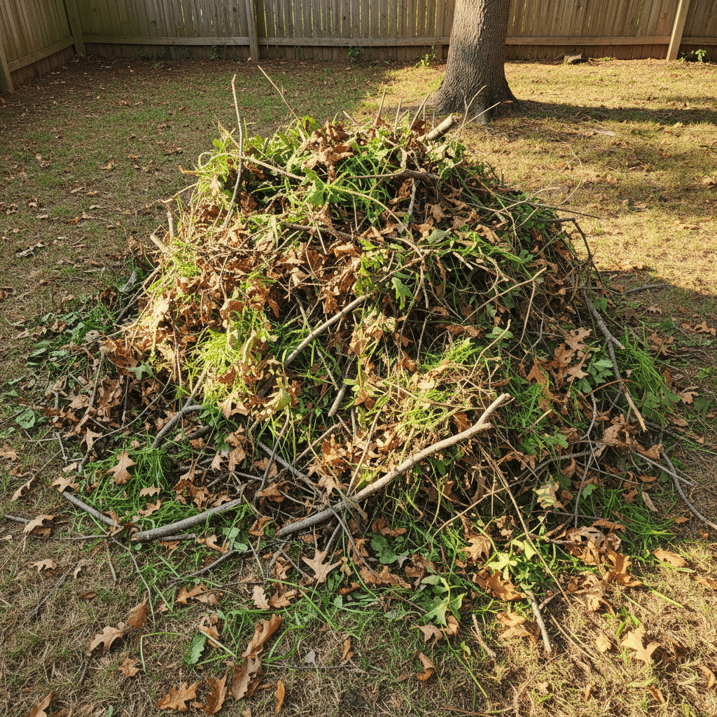 Mixed pile of leaves and green waste in a yard