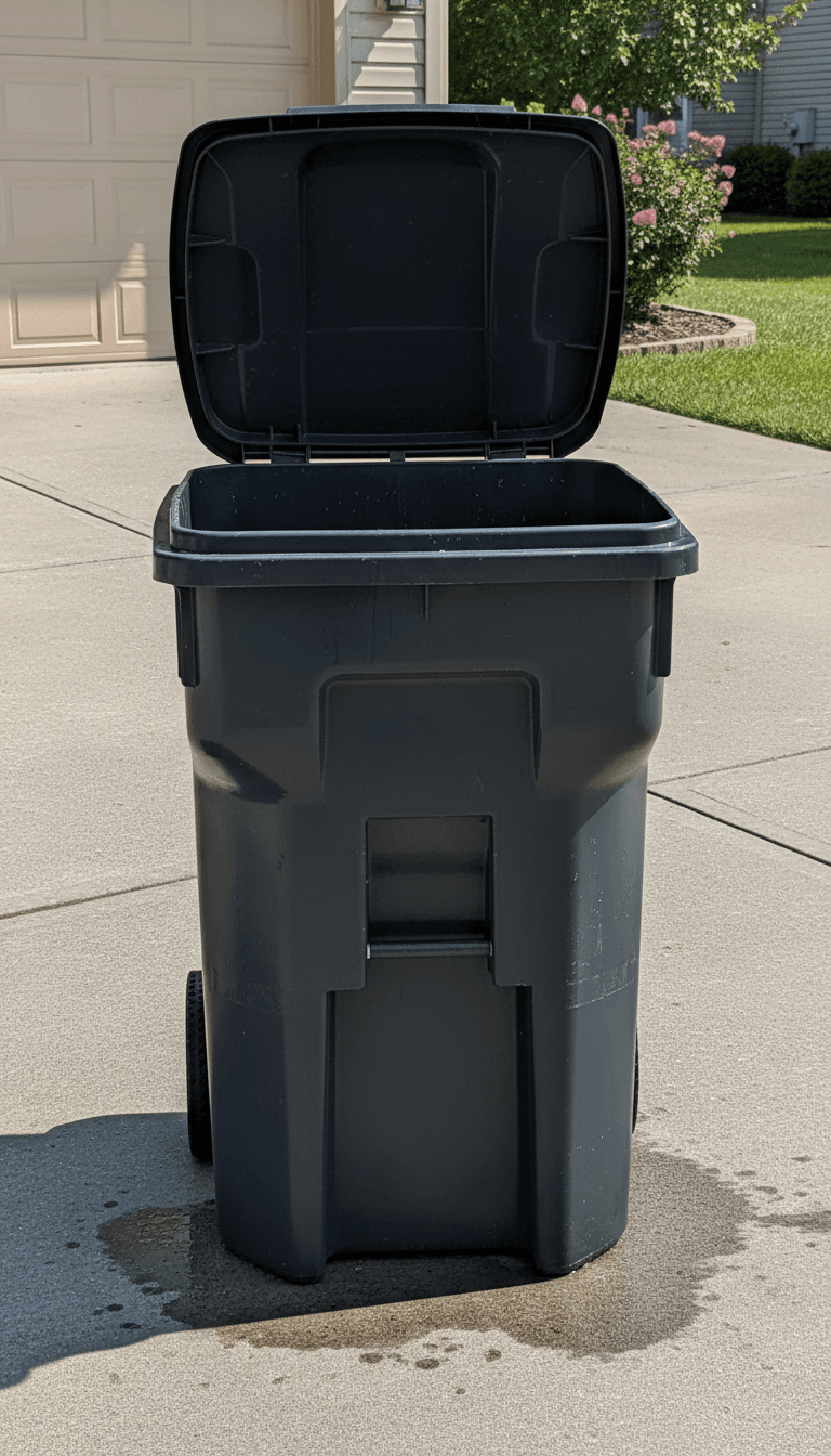 Clean trash bin on a driveway after being washed