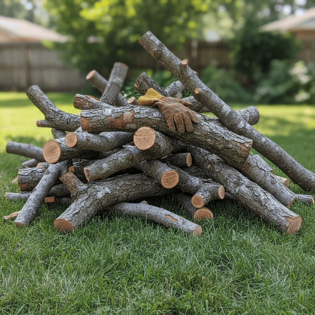 Cut tree branches and limbs stacked on grass