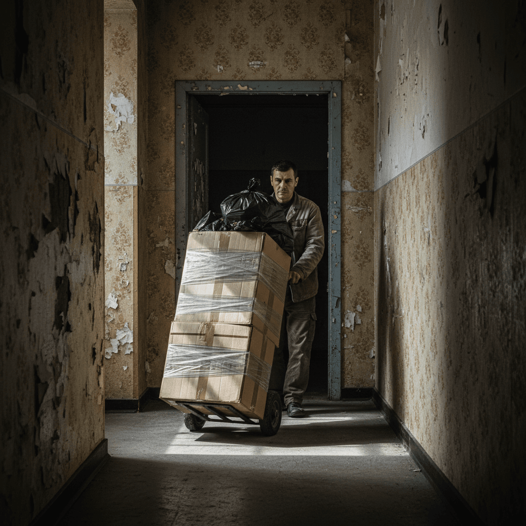 Worker moving stacked boxes and trash bags through a hallway