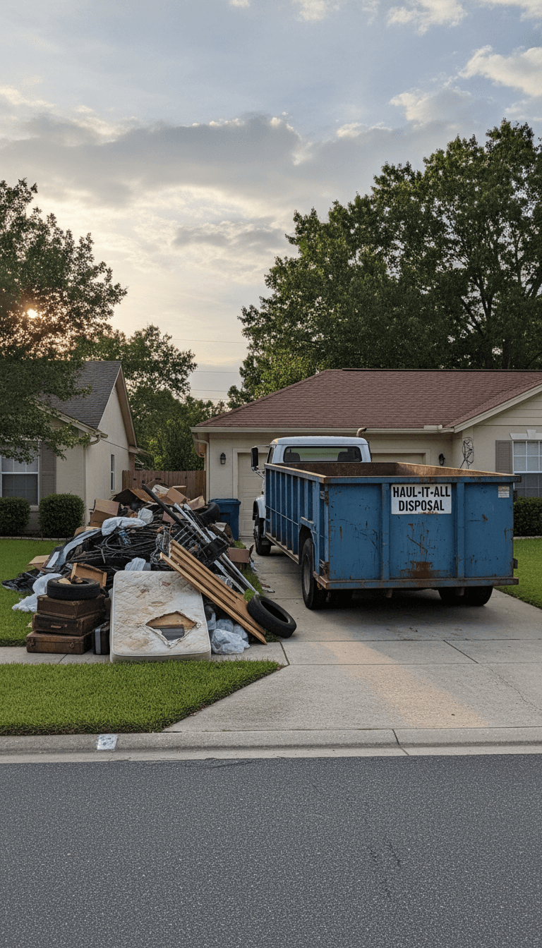 Dumpster truck in driveway with junk pile