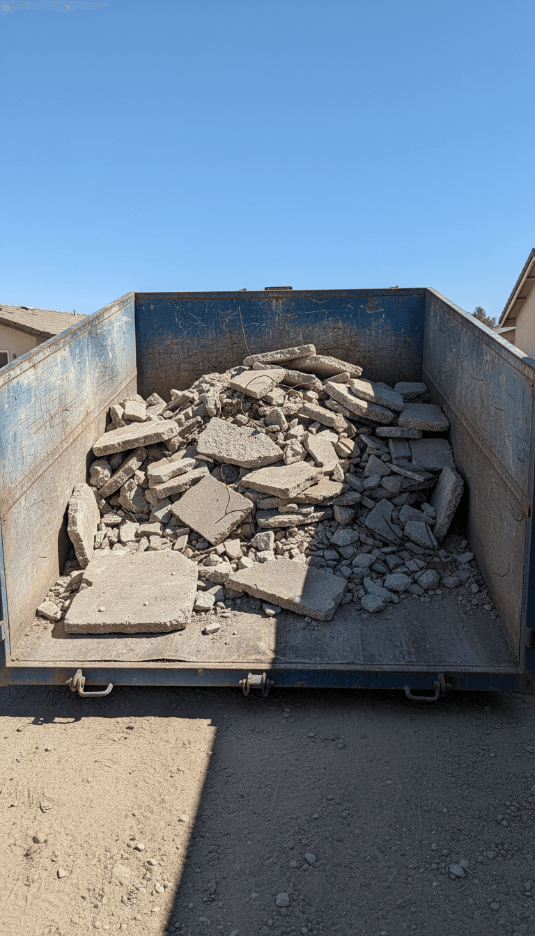 Dump trailer loaded with old pavers and concrete debris