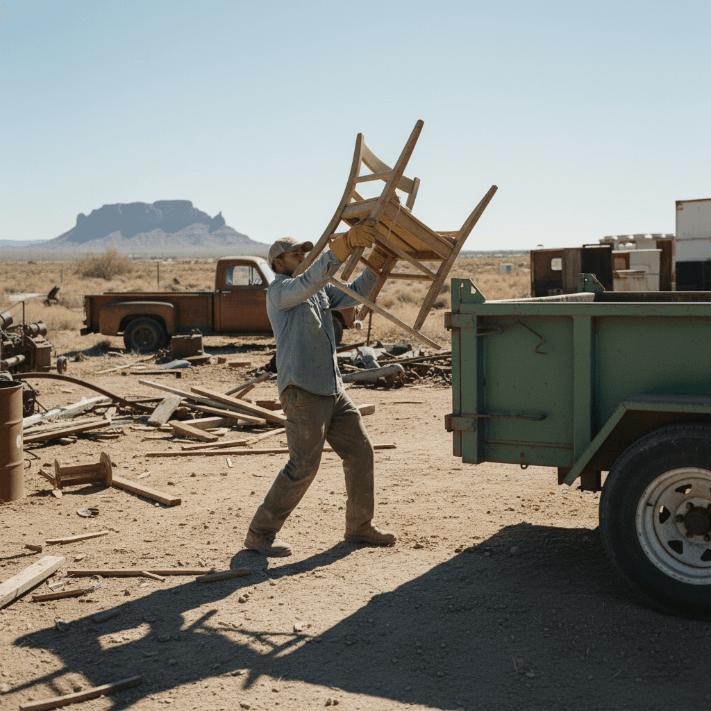 Worker loading a broken chair into a dump trailer