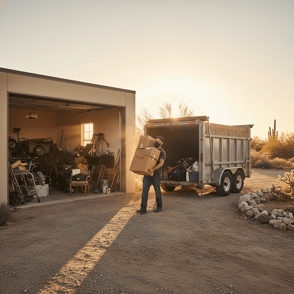 Worker carrying stacked boxes from a garage to a trailer