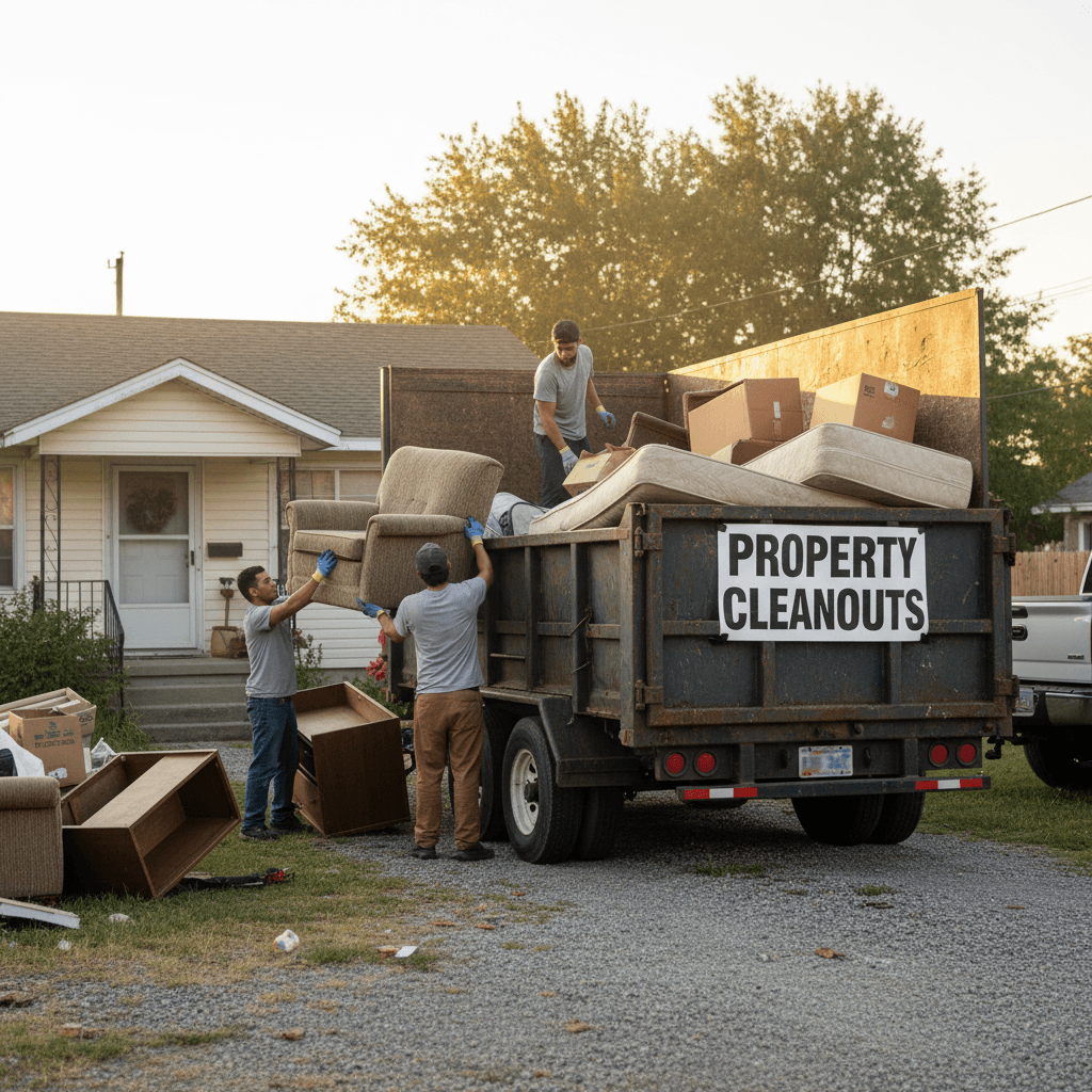Workers loading old furniture into a dump trailer during a property cleanout