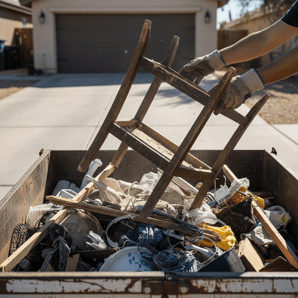 Worker tossing a broken chair into a dump trailer