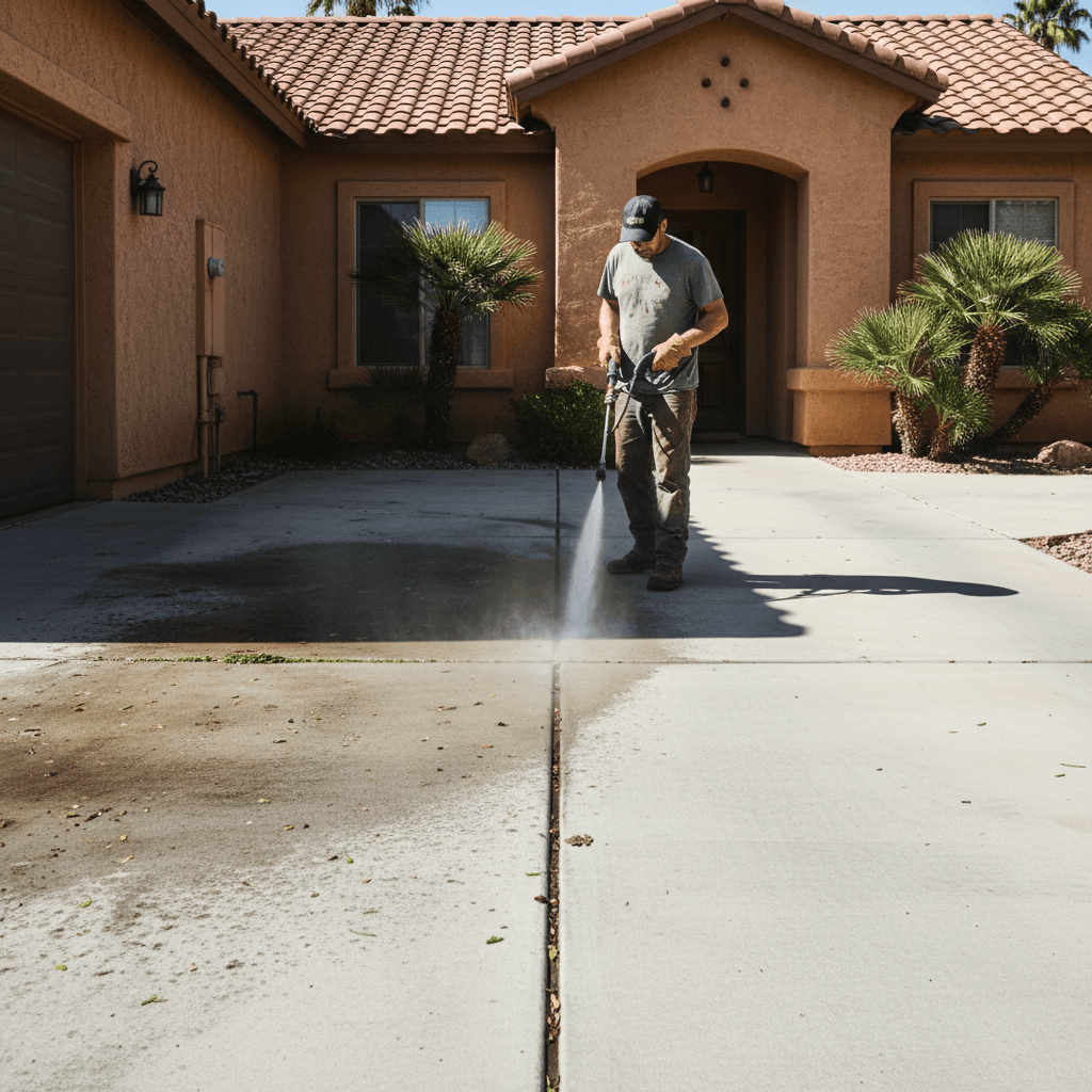 Driveway split in half showing dirty versus clean concrete