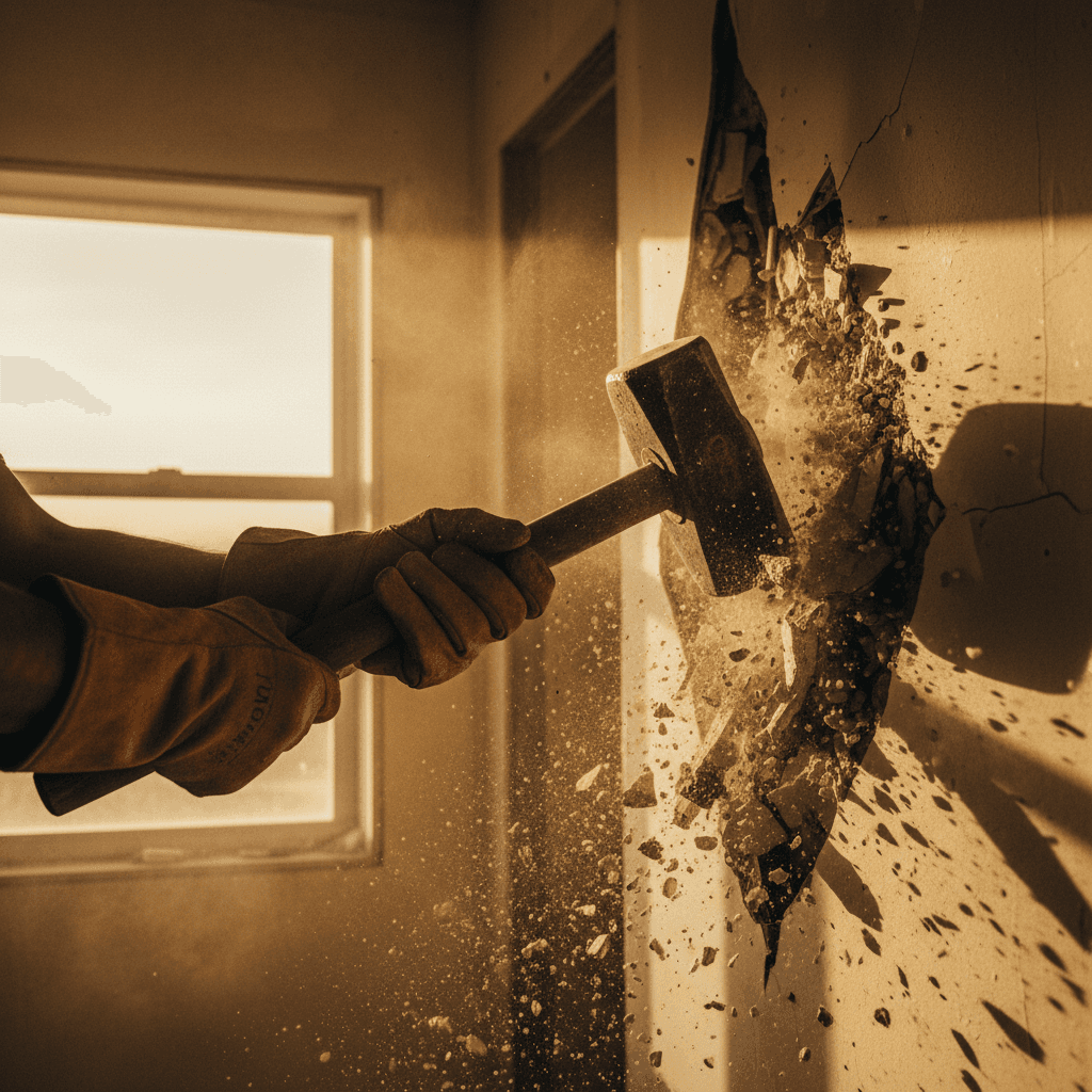 Gloved hand swinging a sledgehammer into drywall