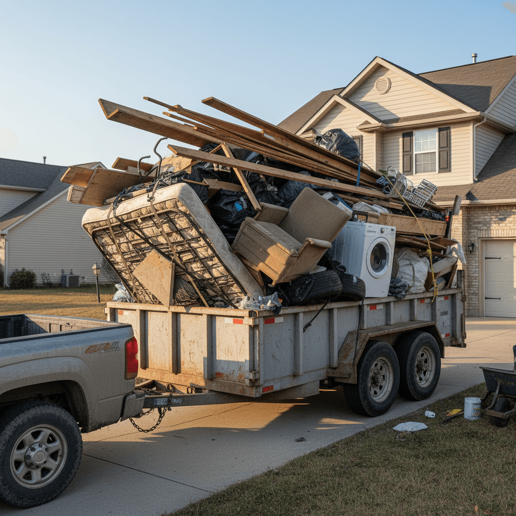 Dump trailer loaded with construction debris and junk