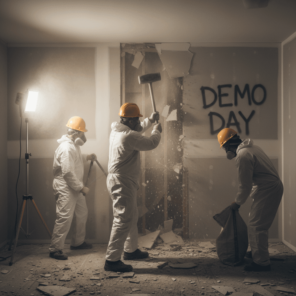 Workers in protective gear tearing down an interior wall with a sledgehammer in a dusty room