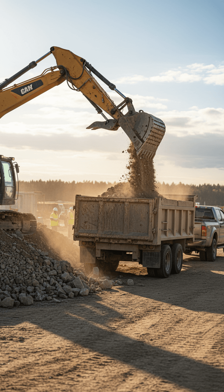 Loader moving dirt and rocks into a dump trailer